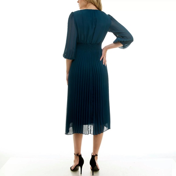 Taylor Smocked Waist Pleated Blue-Green Midi Dress - Picture 5 of 8